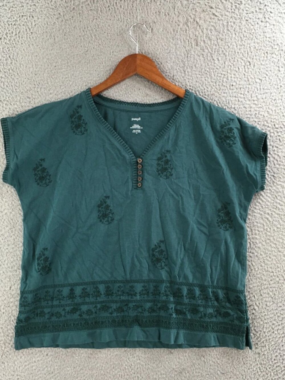 Pure Jill Shirt Womens XS Short Sleeve Embroidered V Neck Button Cotton Green